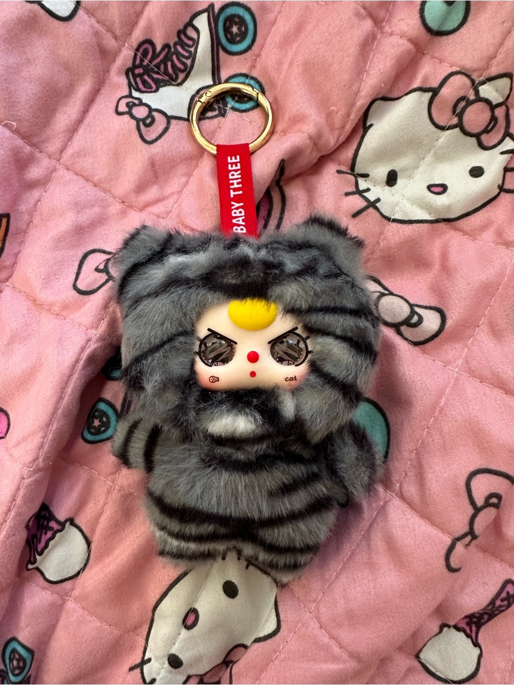 Grey Striped Baby Three Cat Plush Keychain